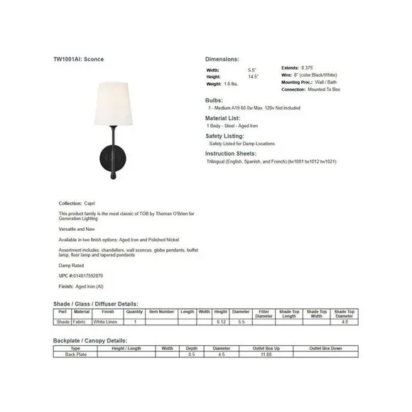 Visual Comfort by Thomas O'Brien Capri Wall Sconce Aged Iron- NEW $199